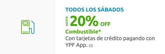 Beneficio: Todos los sábados, hasta 20% de descuento en Combustible, pagnado con tarjetas de crédito pagando con YPF App. (3)